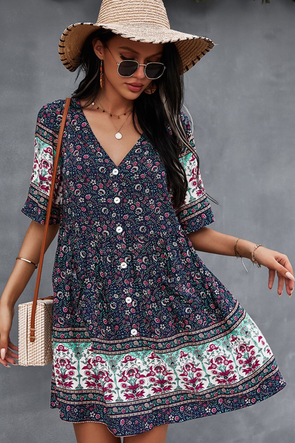 Bohemian V-Neck Half Sleeve Dress  Dresses- Doll Fits