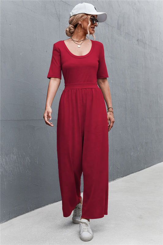 Scoop Neck Half Sleeve Wide Leg Jumpsuit  Jumpsuits & Rompers- Doll Fits