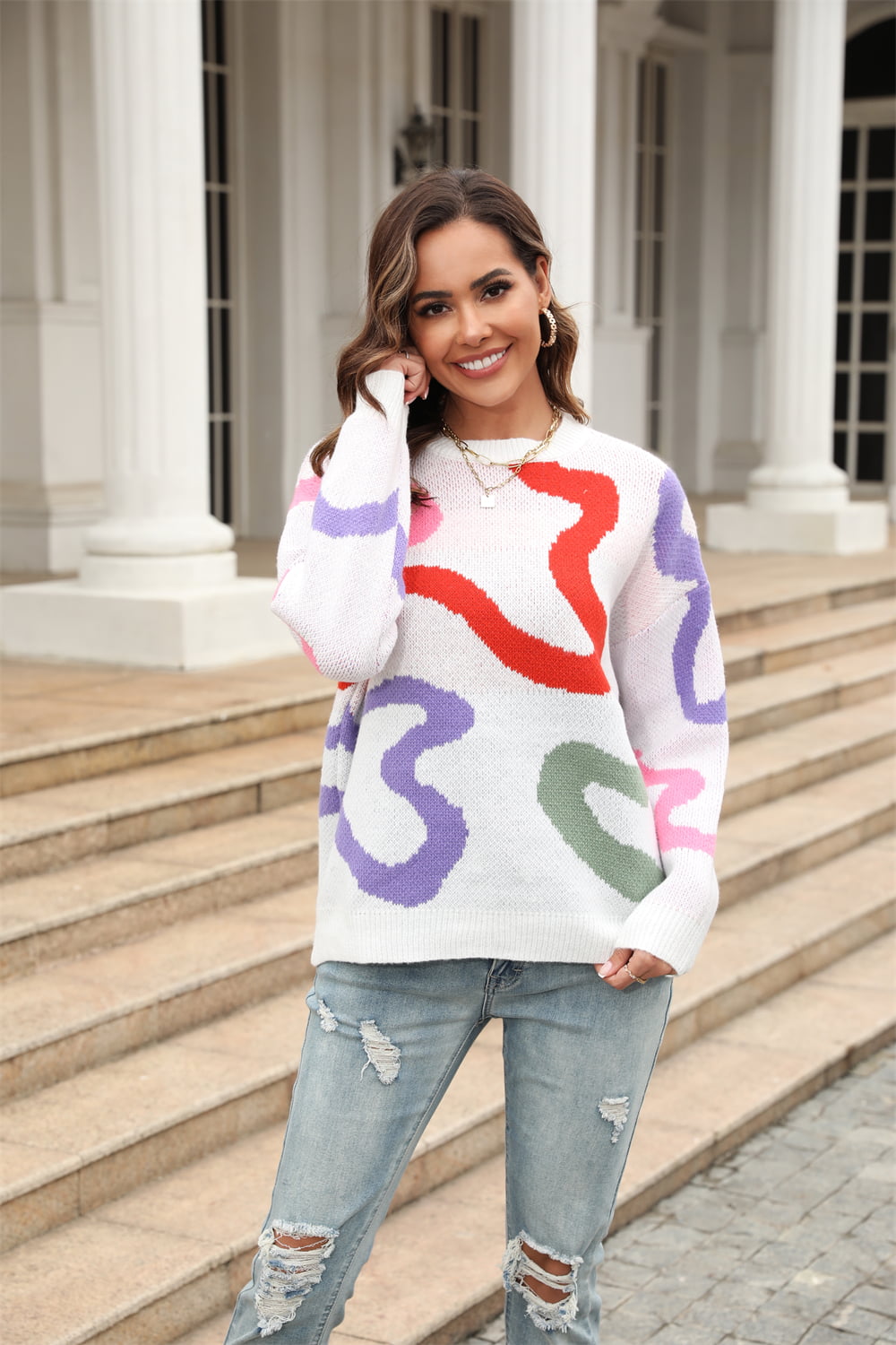 Printed Round Neck Dropped Shoulder Pullover Sweater  - Doll Fits