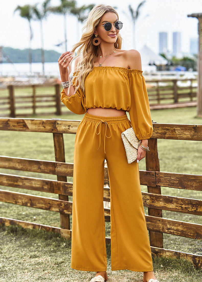 Off-Shoulder Blouse and Drawstring Waist Pants Set  Outfit Sets- Doll Fits