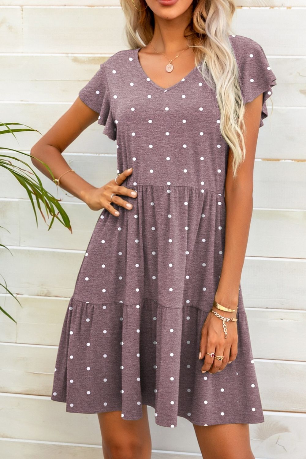 Polka Dot V-Neck Flutter Sleeve Mini Dress  Dresses- Doll Fits