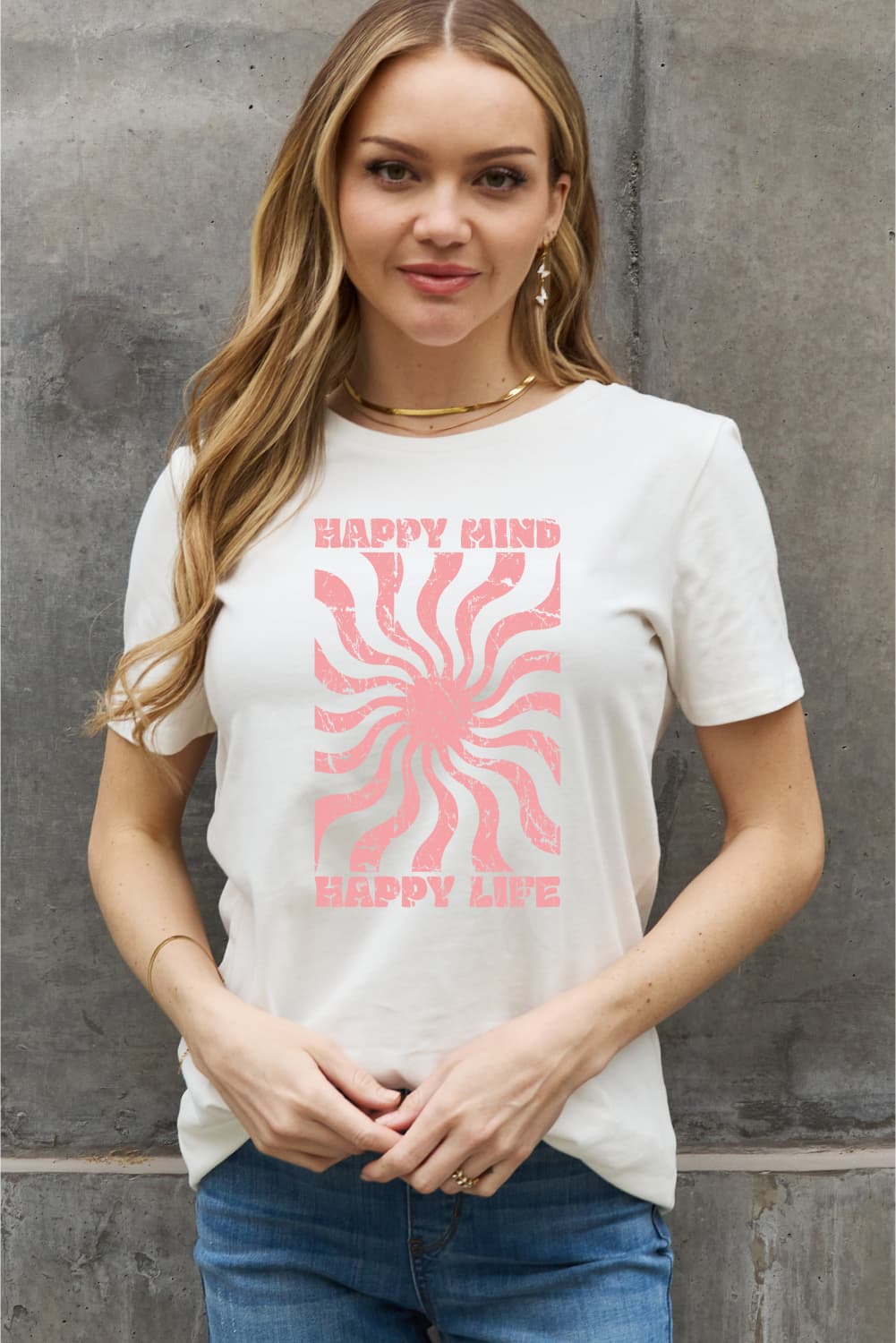 Simply Love Full Size HAPPY MIND HAPPY LIFE Graphic Cotton Tee  Shirts & Tops- Doll Fits