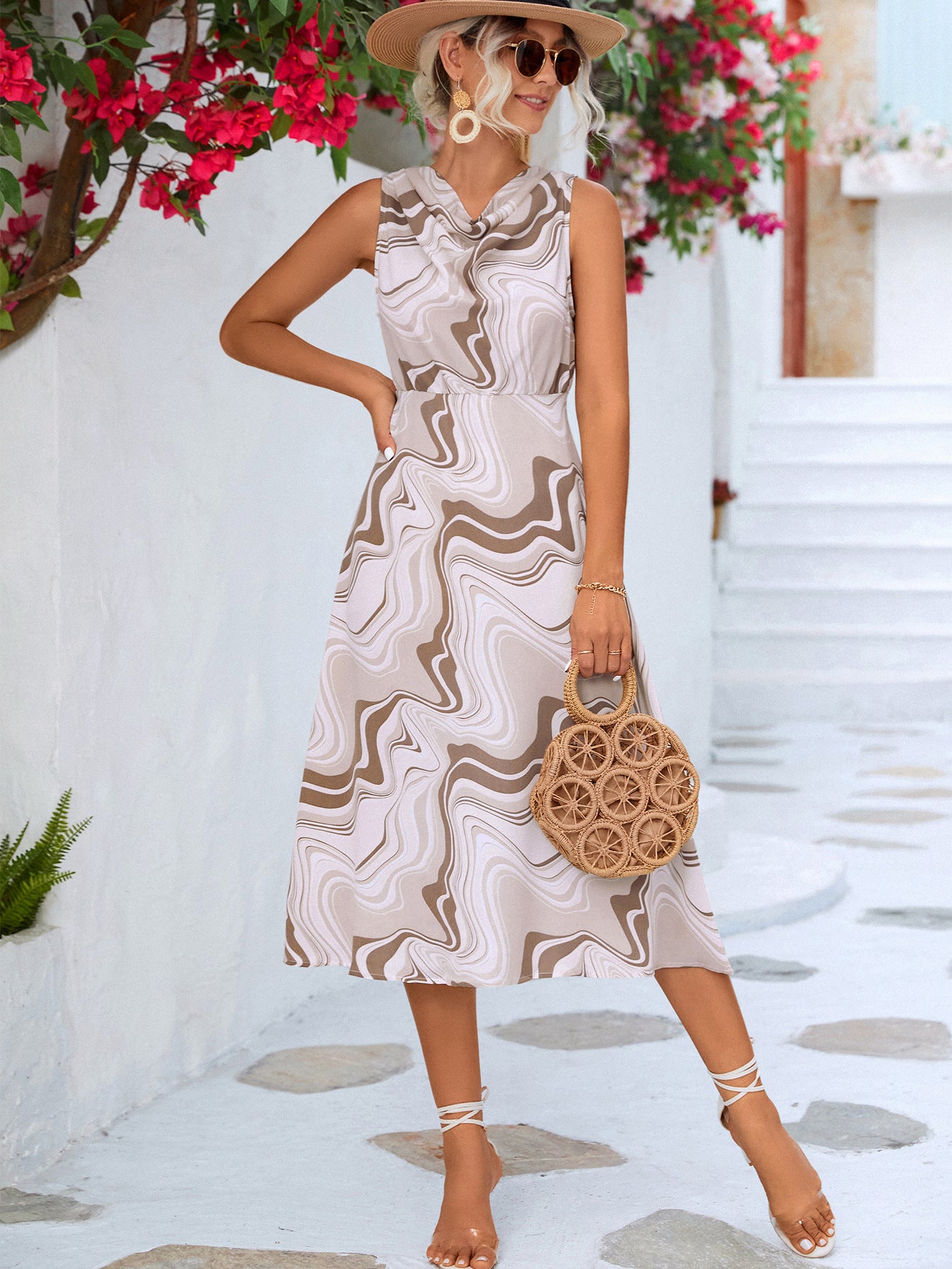 Printed Cowl Neck Sleeveless Dress  Dresses- Doll Fits