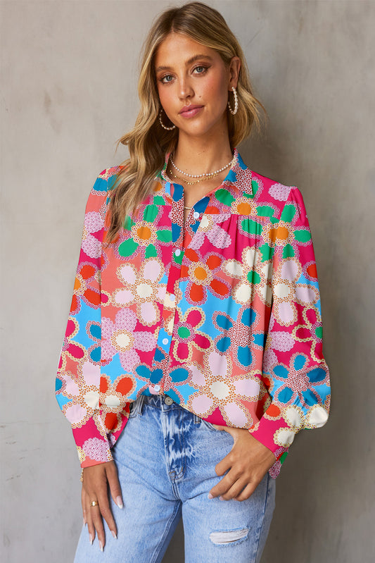 Floral Print Lantern Sleeve Collared Neck Shirt  - Doll Fits