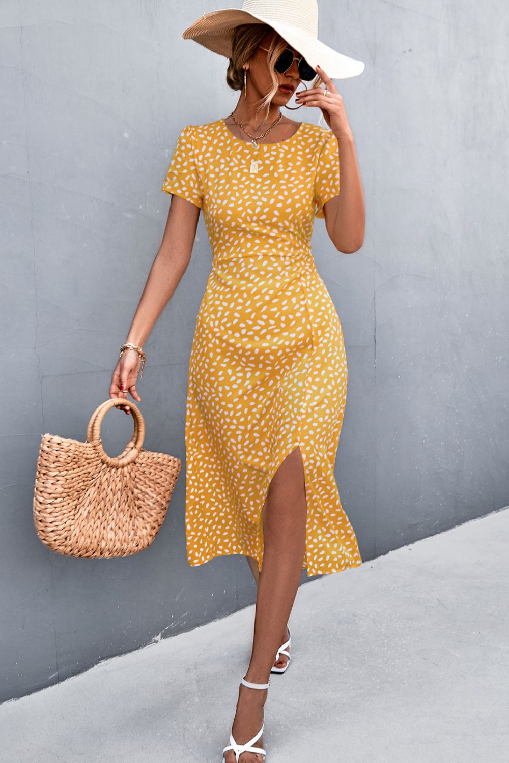 Printed Slit Cutout Midi Dress (Belt Not Included)  Dresses- Doll Fits