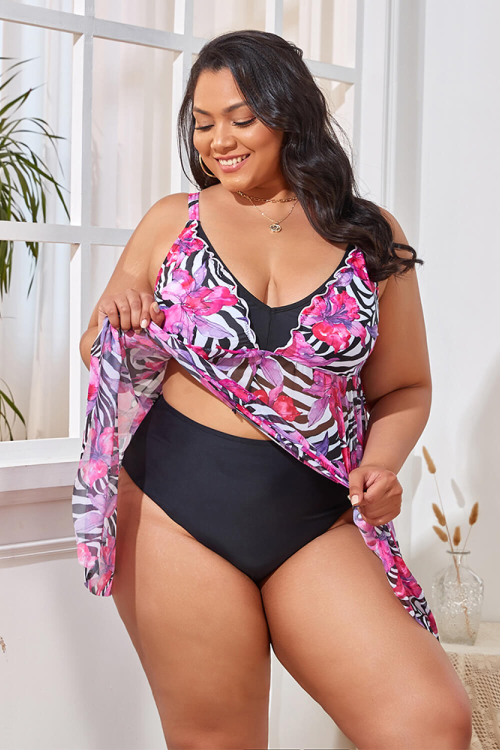 Plus Size Printed Spaghetti Strap V-Neck Two-Piece Swim Set  Swimwear- Doll Fits