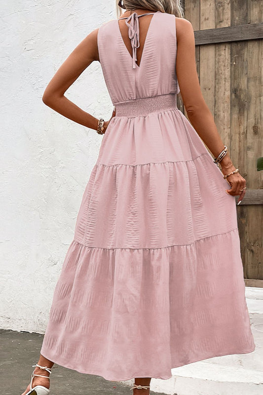 V-Neck Smocked Waist Sleeveless Tiered Dress  Dresses- Doll Fits
