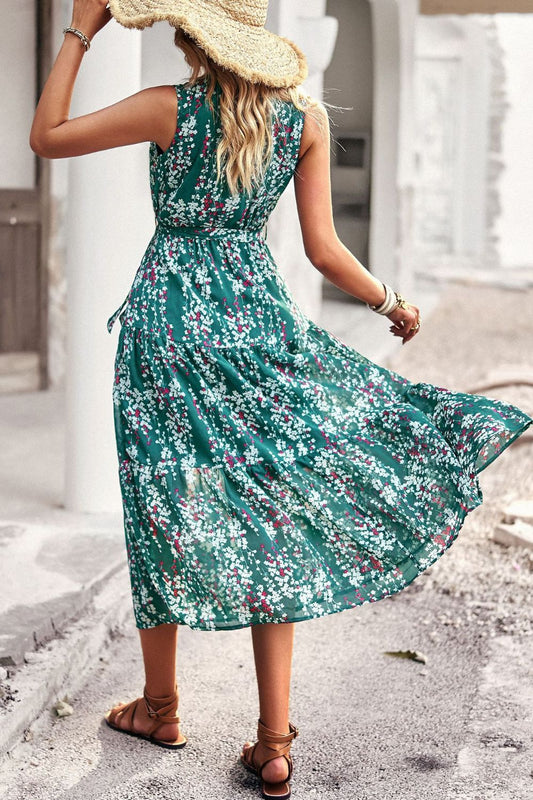 Floral Belted Surplice Sleeveless Tiered Dress  Dresses- Doll Fits