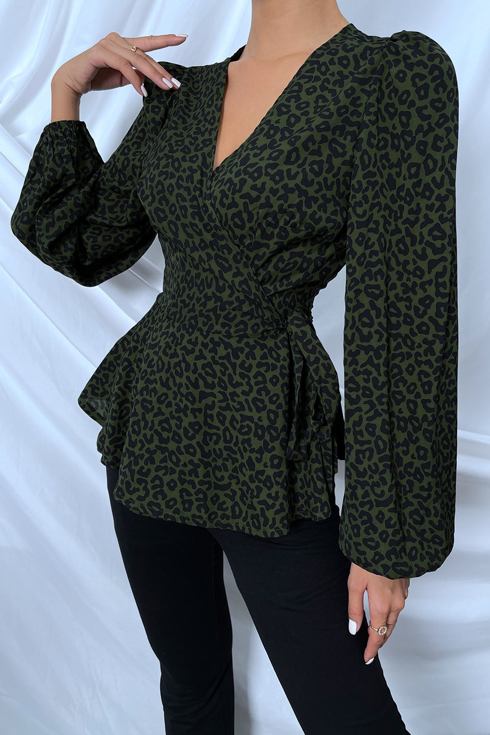 Surplice Neck Leopard Print Side Tie Blouse  - Doll Fits