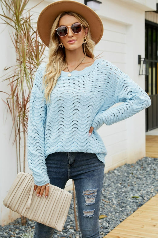 Scalloped Boat Neck Openwork Tunic Sweater  Shirts & Tops- Doll Fits