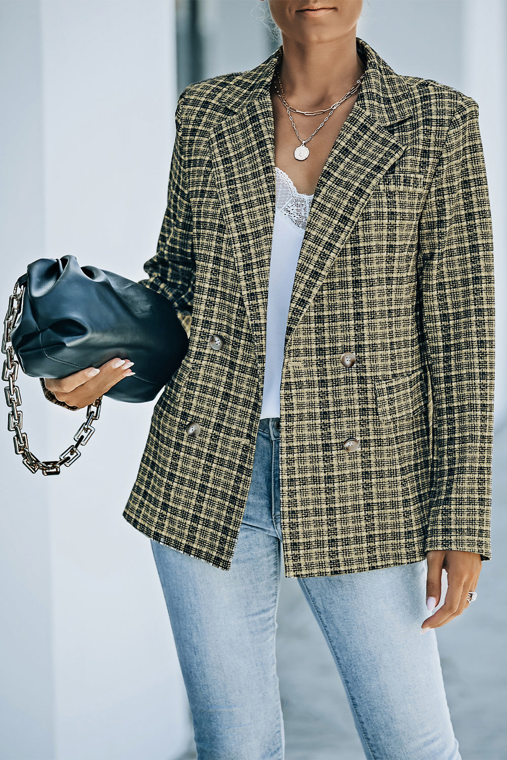 Plaid Double-Breasted Long Sleeve Blazer  Coats & Jackets- Doll Fits