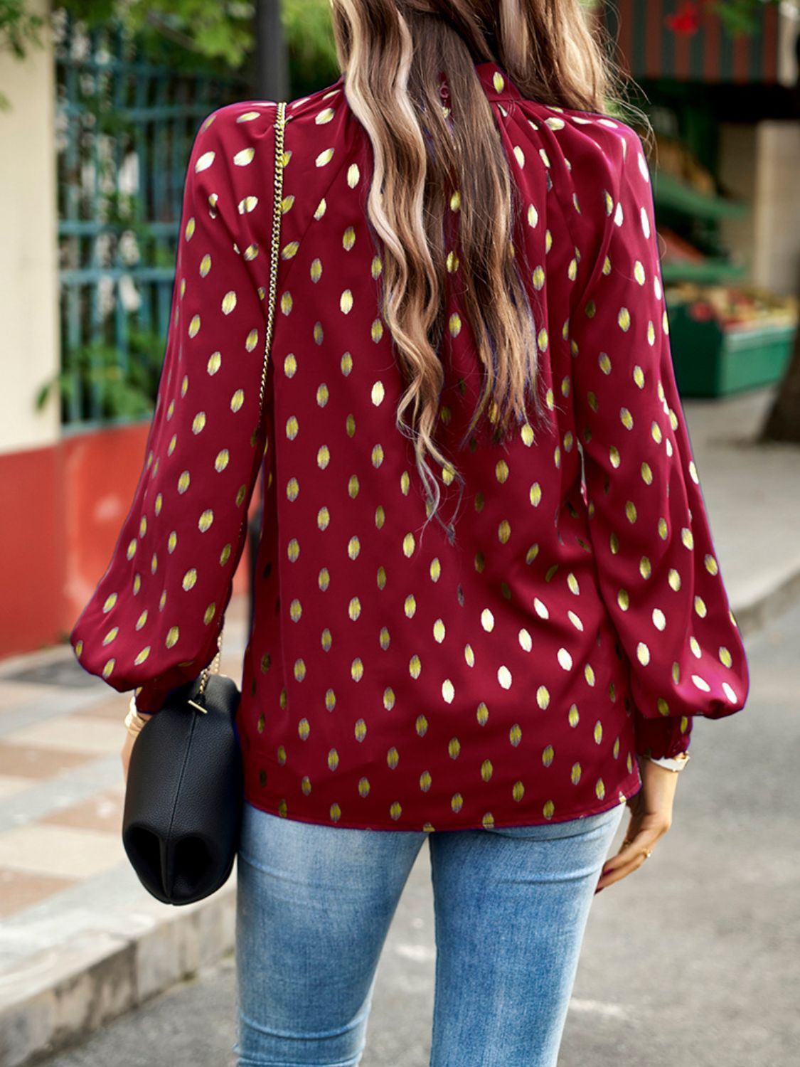 Mock Neck Cutout Lantern Sleeve Blouse  - Doll Fits