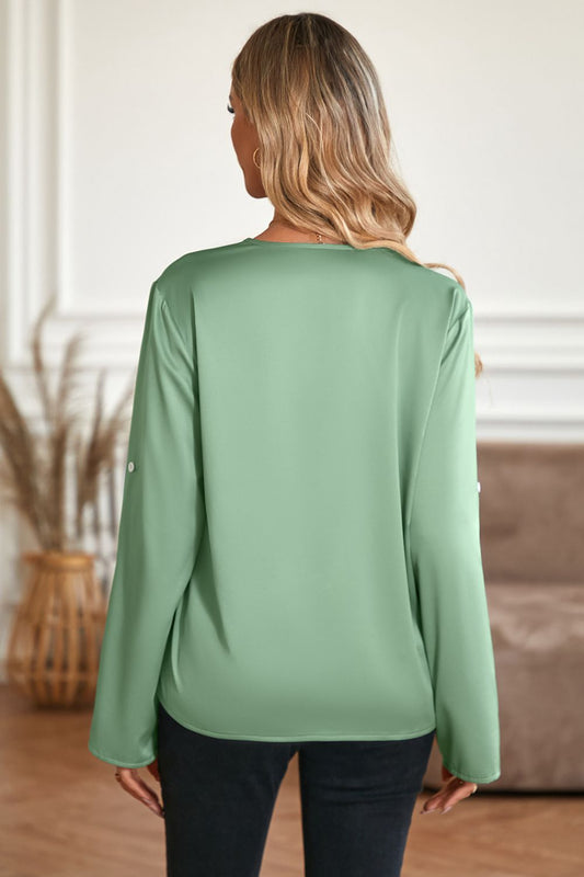 Roll-Tab Sleeve Collared Neck Blouse  - Doll Fits