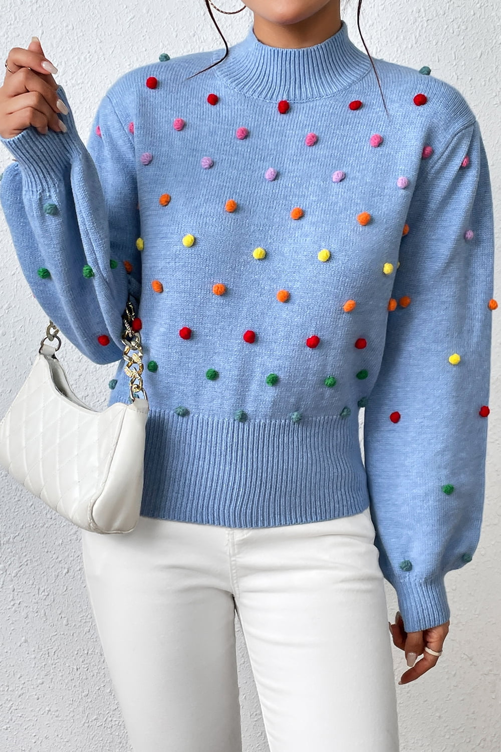 Pom-Pom Trim Mock Neck Long Sleeve Pullover Sweater  - Doll Fits