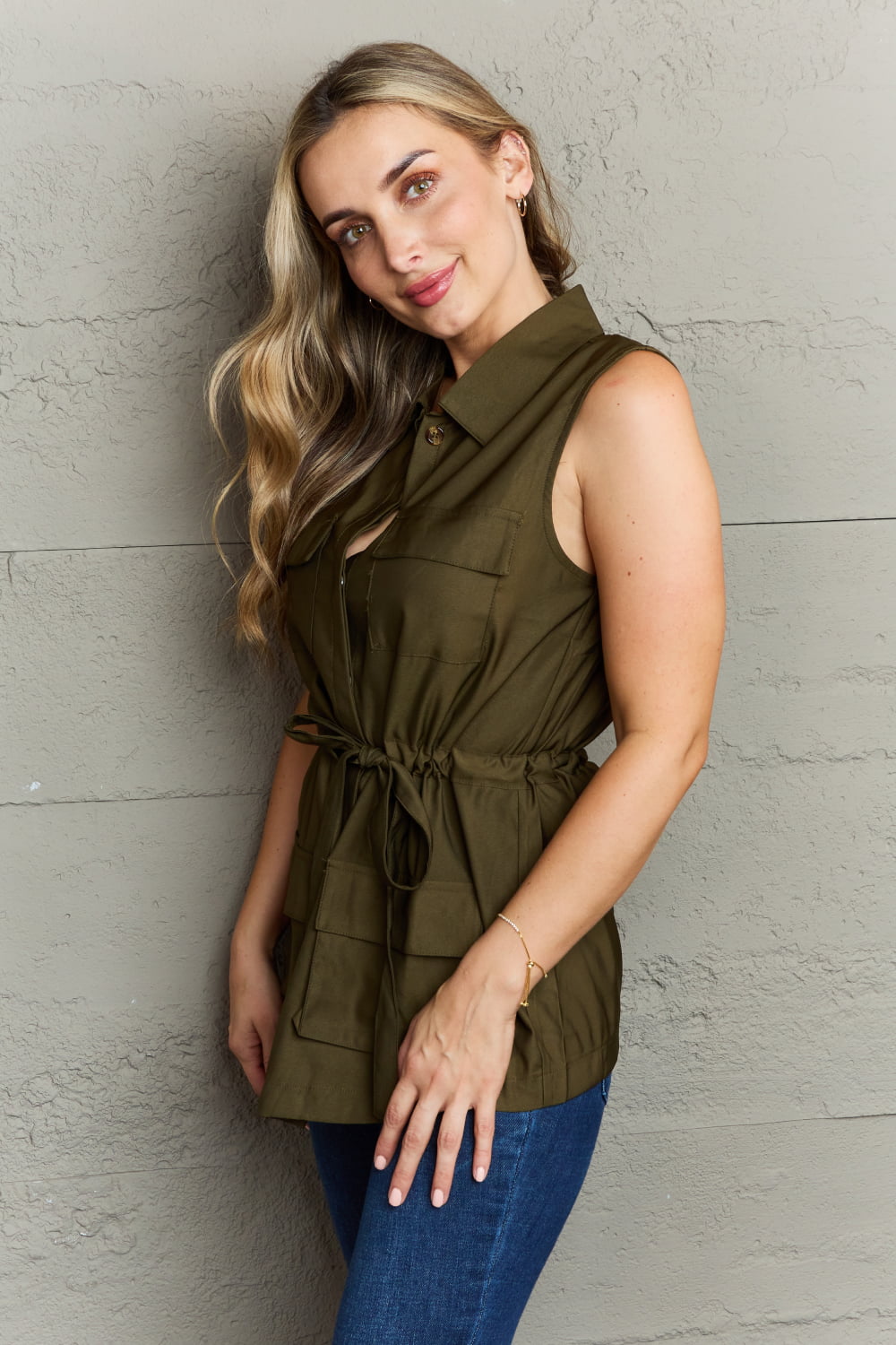 Ninexis Follow The Light Sleeveless Collared Button Down Top  Shirts & Tops- Doll Fits