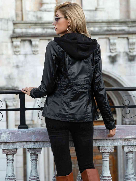 Full Size Zip-Up Hooded PU Jacket