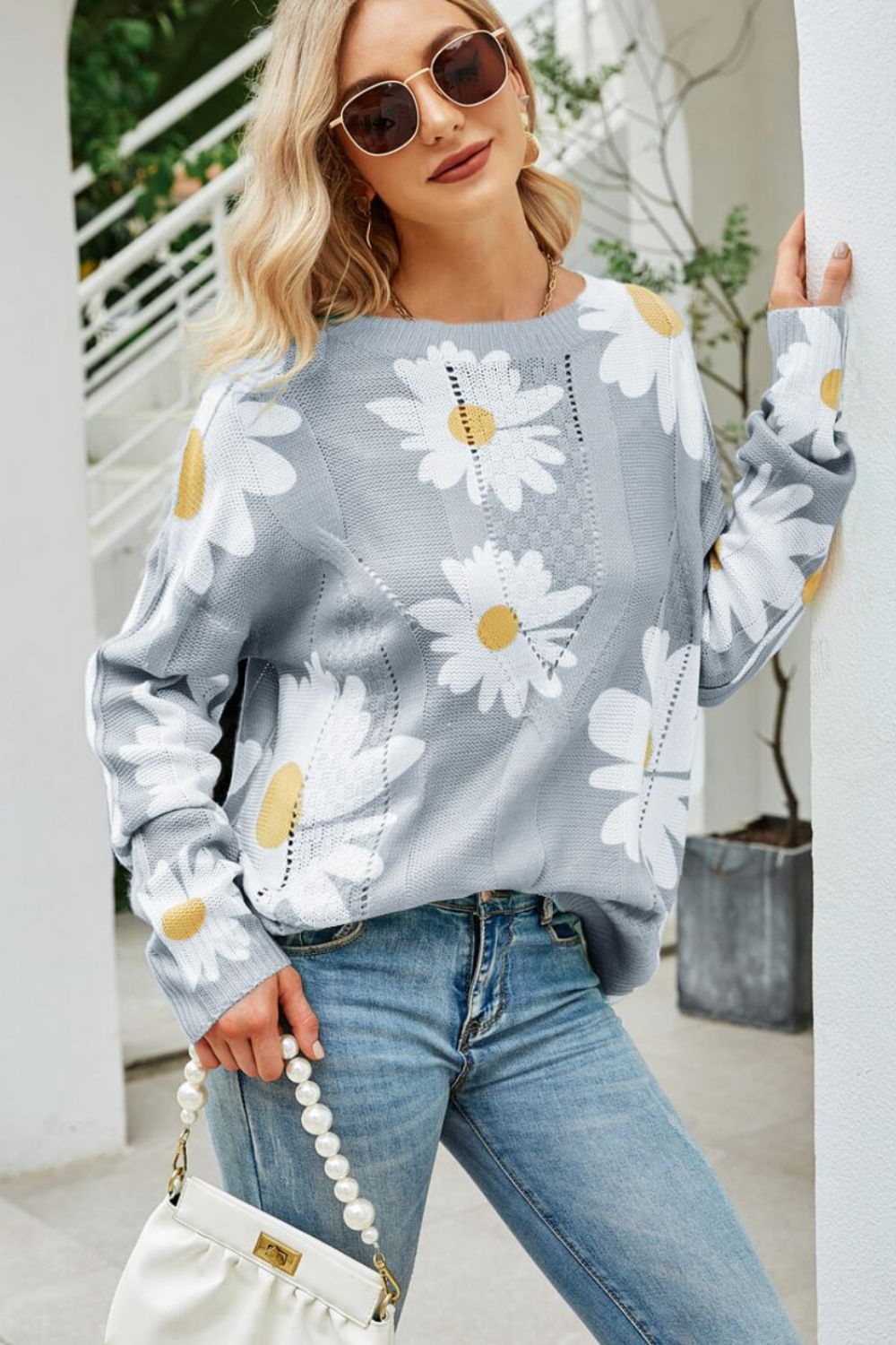 Daisy Print Openwork Round Neck Sweater  Shirts & Tops- Doll Fits