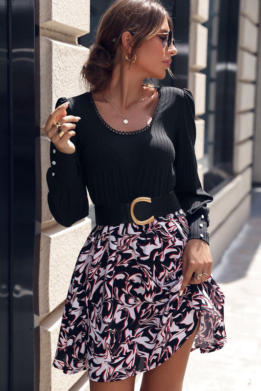 Scoop Neck Puff Sleeve Printed Mini Dress  Dresses- Doll Fits