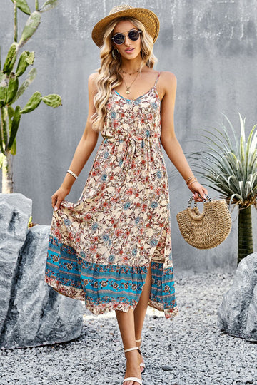Bohemian Spaghetti Strap Drawstring Slit Dress  Dresses- Doll Fits
