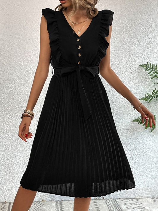 Buttoned Ruffle Trim Belted Pleated Dress  Dresses- Doll Fits