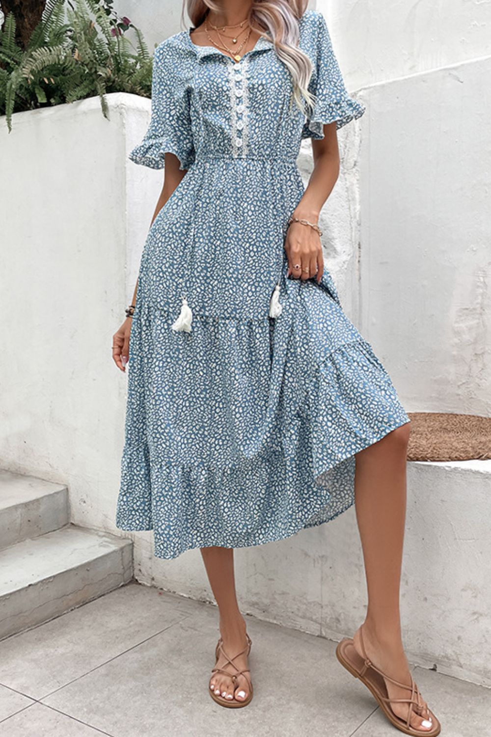 Printed Tassel Tie Flounce Sleeve Dress  Dresses- Doll Fits