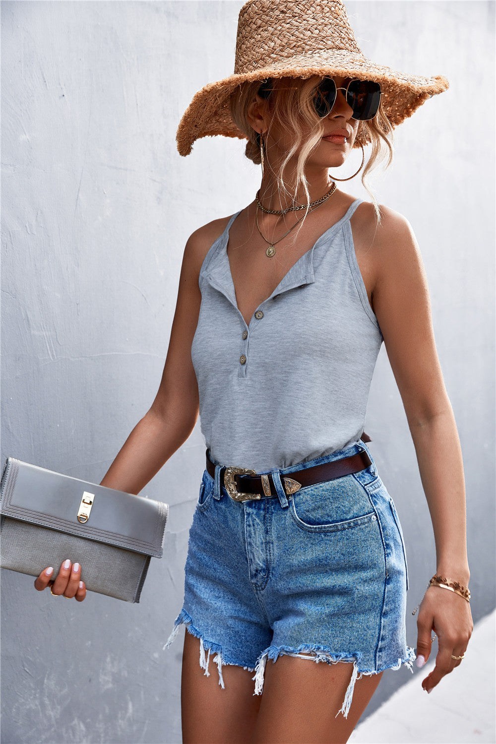 Half Button Grecian Neck Cami  Shirts & Tops- Doll Fits