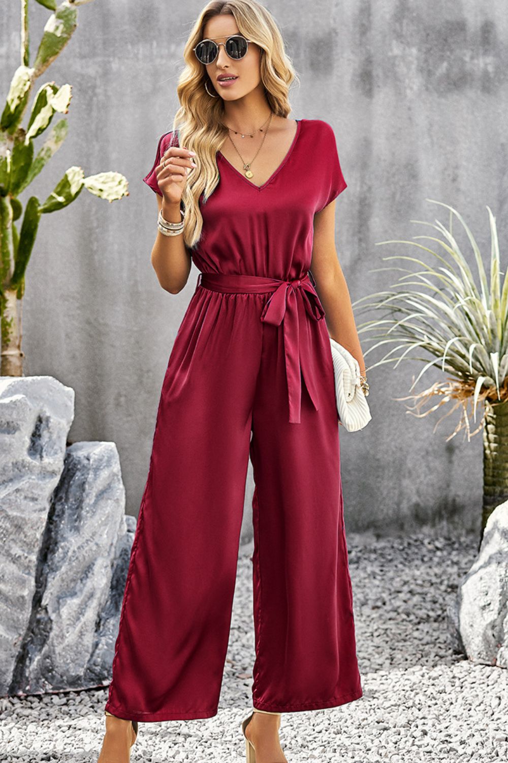 Tie Belt V-Neck Short Sleeve Jumpsuit  Jumpsuits & Rompers- Doll Fits
