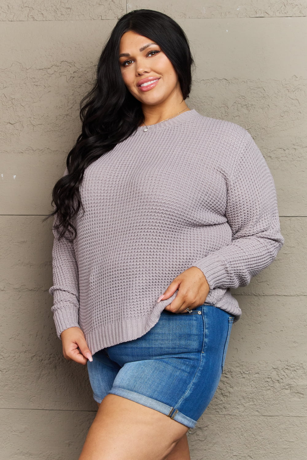 Zenana Breezy Days Plus Size High Low Waffle Knit Sweater  Shirts & Tops- Doll Fits