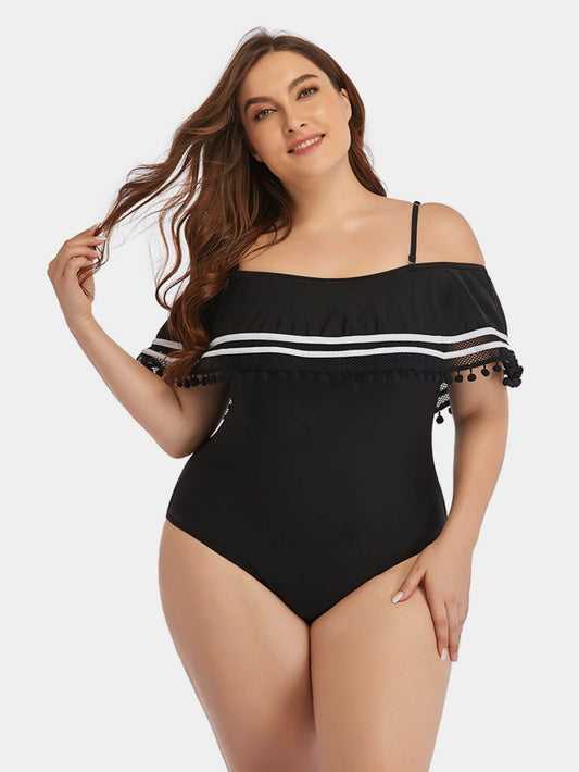 Plus Size Striped Cold-Shoulder One-Piece Swimsuit  Swimwear- Doll Fits
