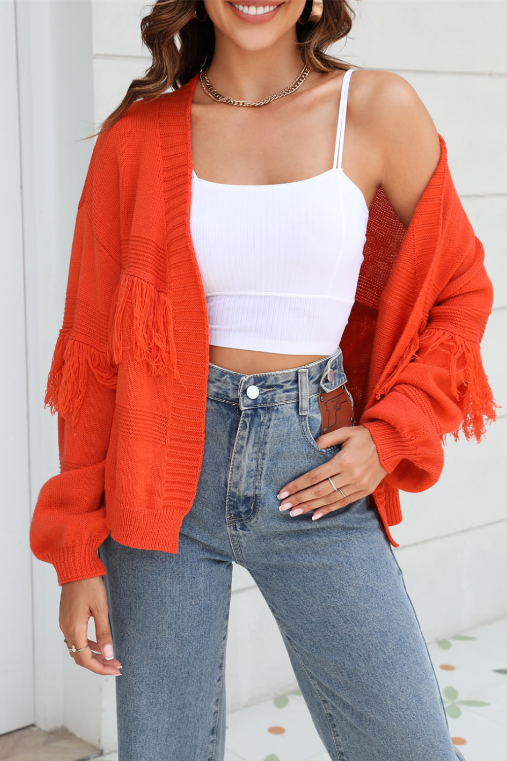 Double Take Fringe Trim Open Front Cardigan  - Doll Fits