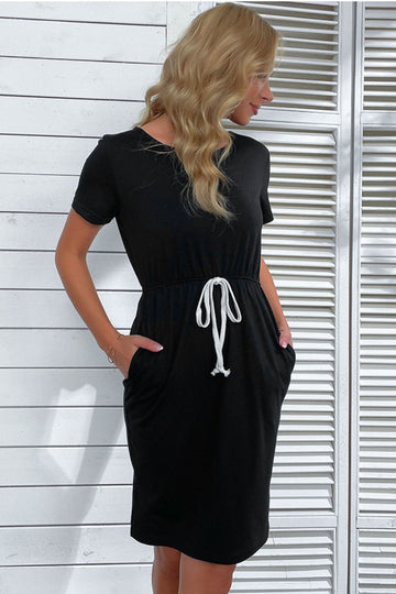 Side Slit Drawstring Round Neck Dress  Dresses- Doll Fits
