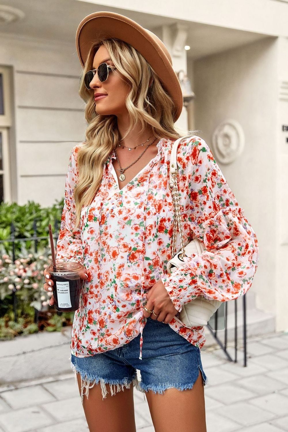 Floral Tie Neck Lantern Sleeve Blouse  Shirts & Tops- Doll Fits