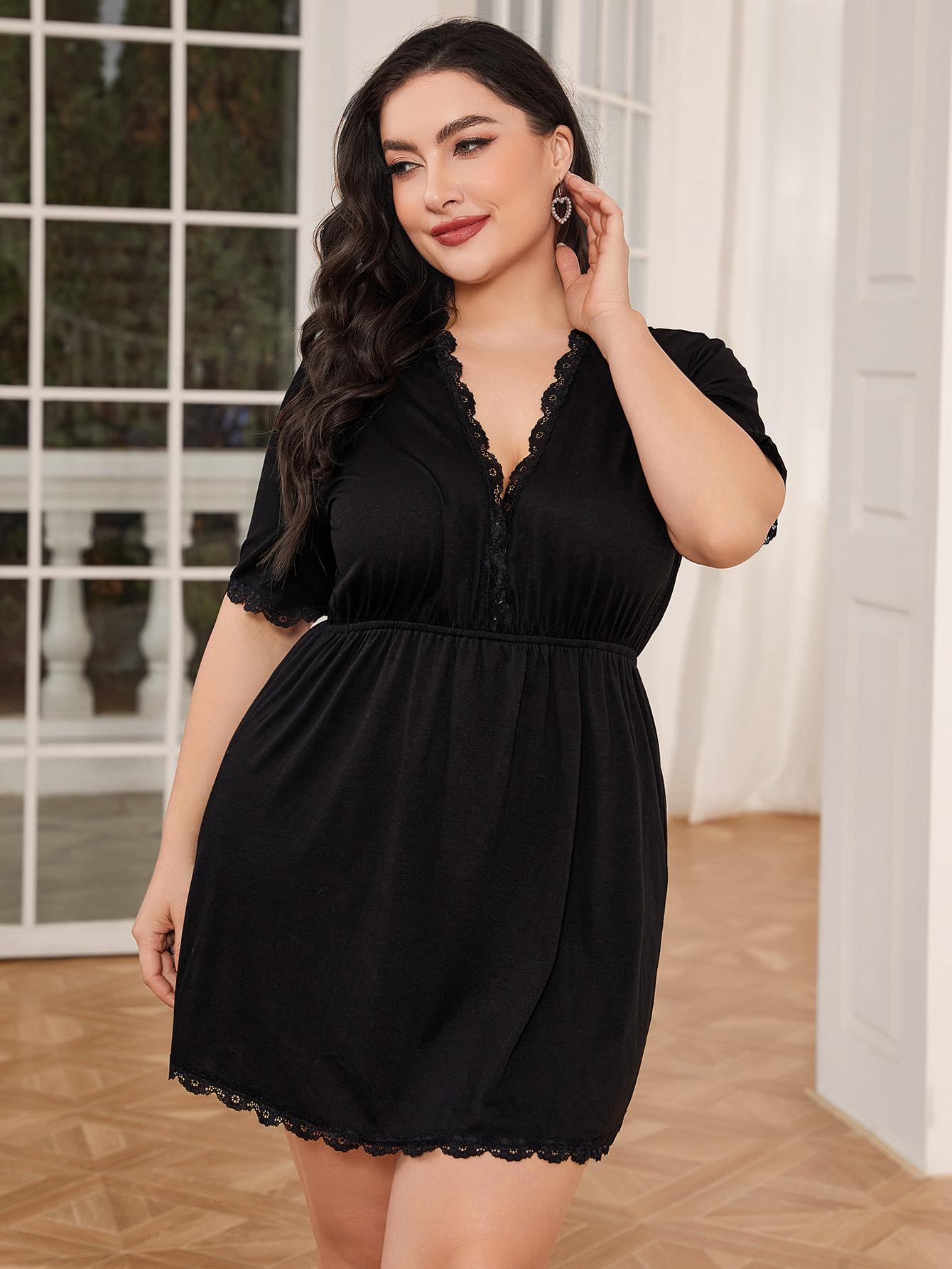 Plus Size Lace Trim Deep V Night Dress  Dresses- Doll Fits