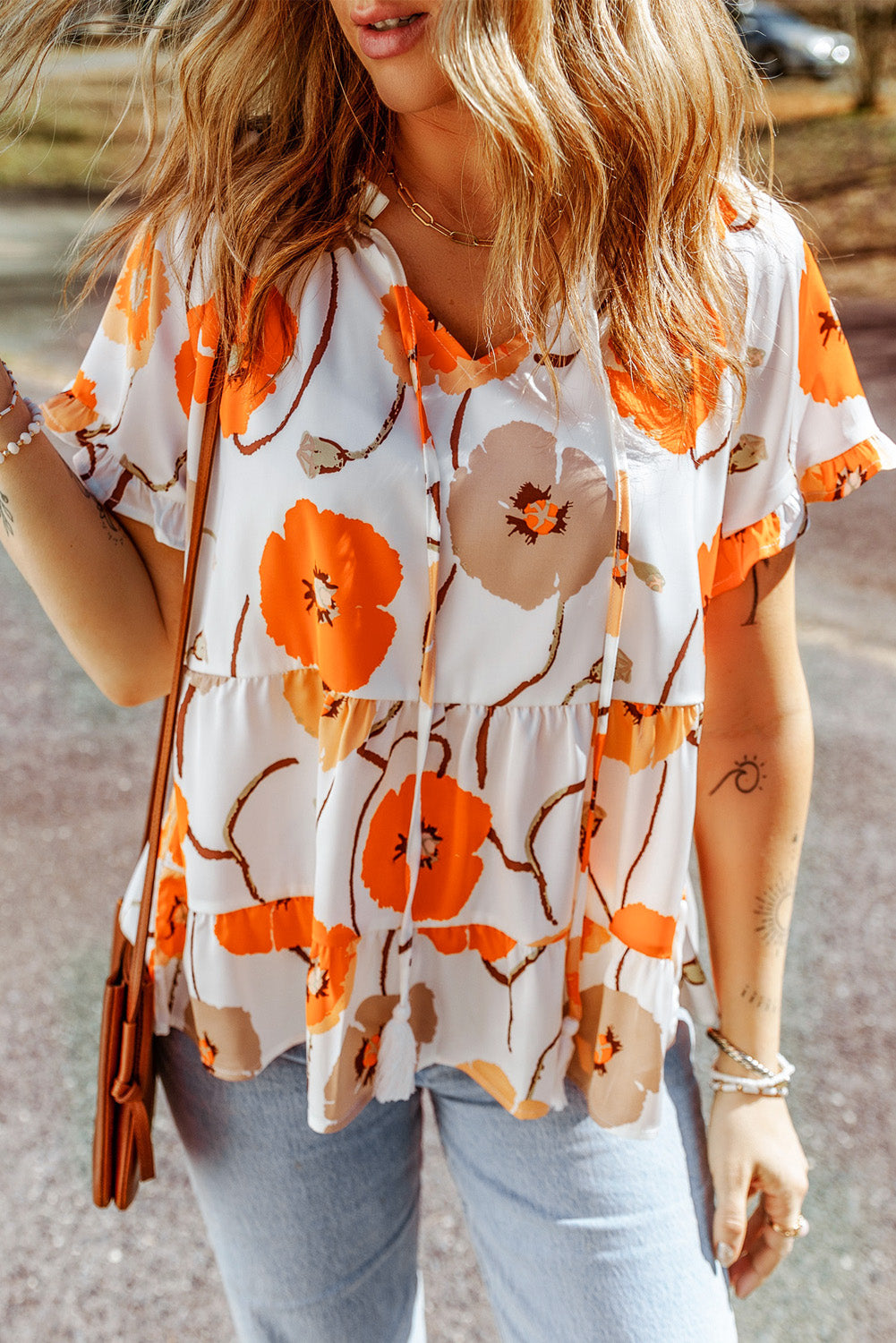 Printed Flounce Sleeve Tie-Neck Peplum Blouse  Shirts & Tops- Doll Fits