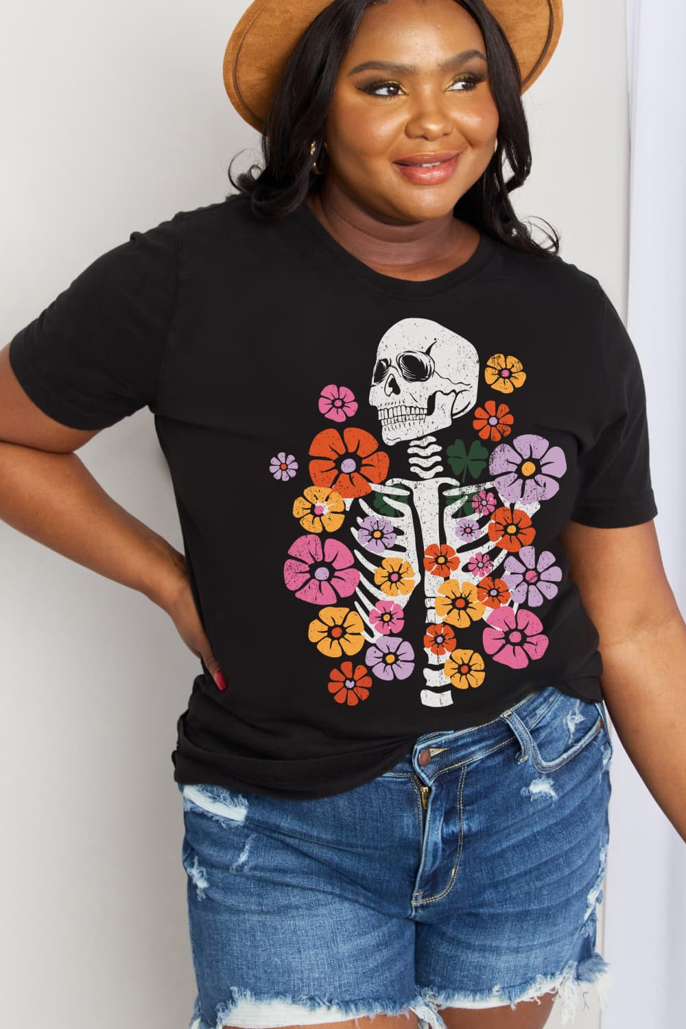 Simply Love Simply Love Full Size Skeleton & Flower Graphic Cotton Tee  - Doll Fits