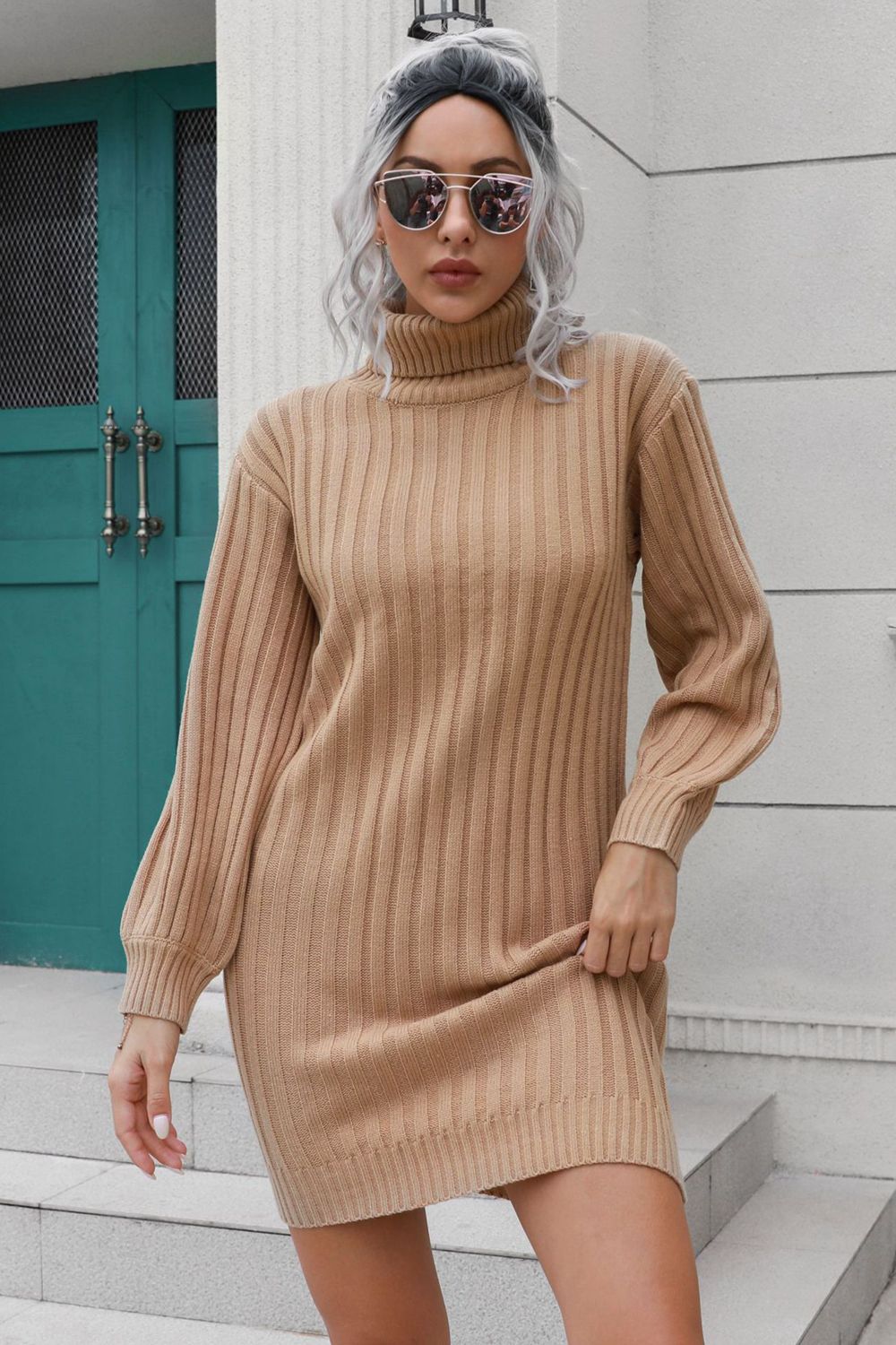 Ribbed Turtle Neck Long Sleeve Mini Sweater Dress  Dresses- Doll Fits