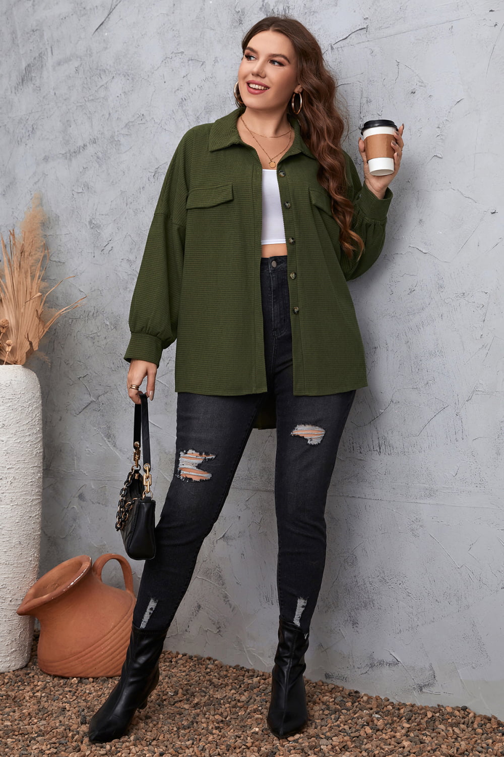 Melo Apparel Plus Size Dropped Shoulder Shirt  - Doll Fits