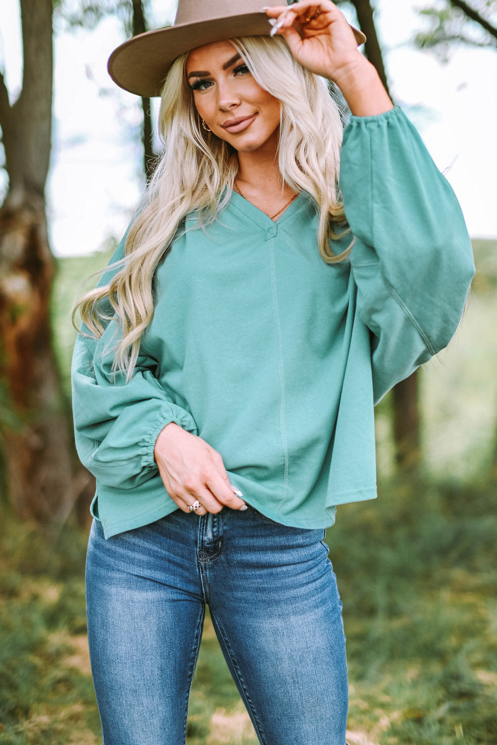 Notched Neck Balloon Sleeve Blouse  Shirts & Tops- Doll Fits