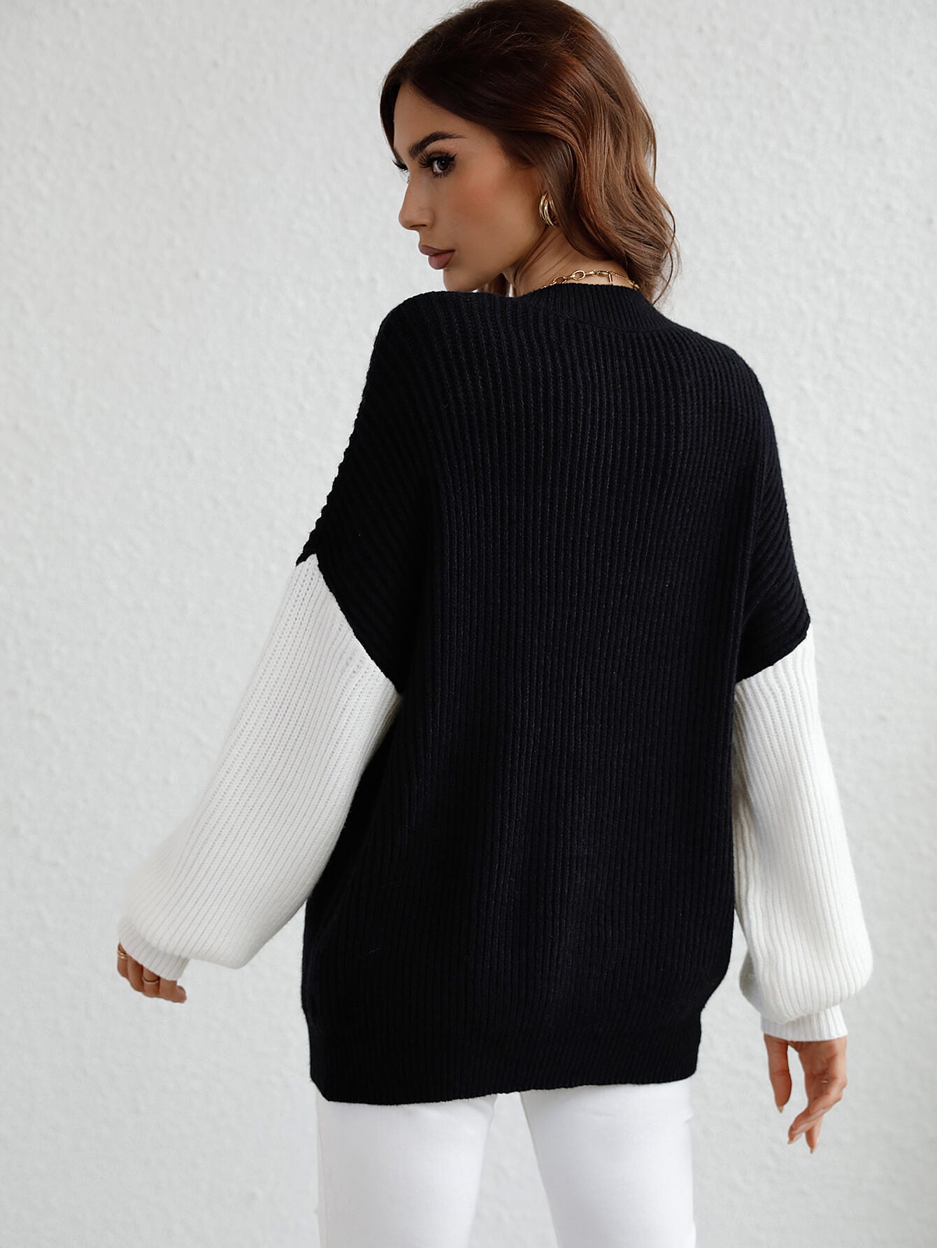 Two-Tone Rib-Knit Dropped Shoulder Sweater  Shirts & Tops- Doll Fits
