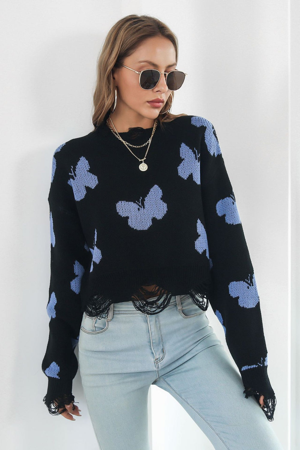 Printed Round Neck Ribbed Long Sleeve Sweater  - Doll Fits