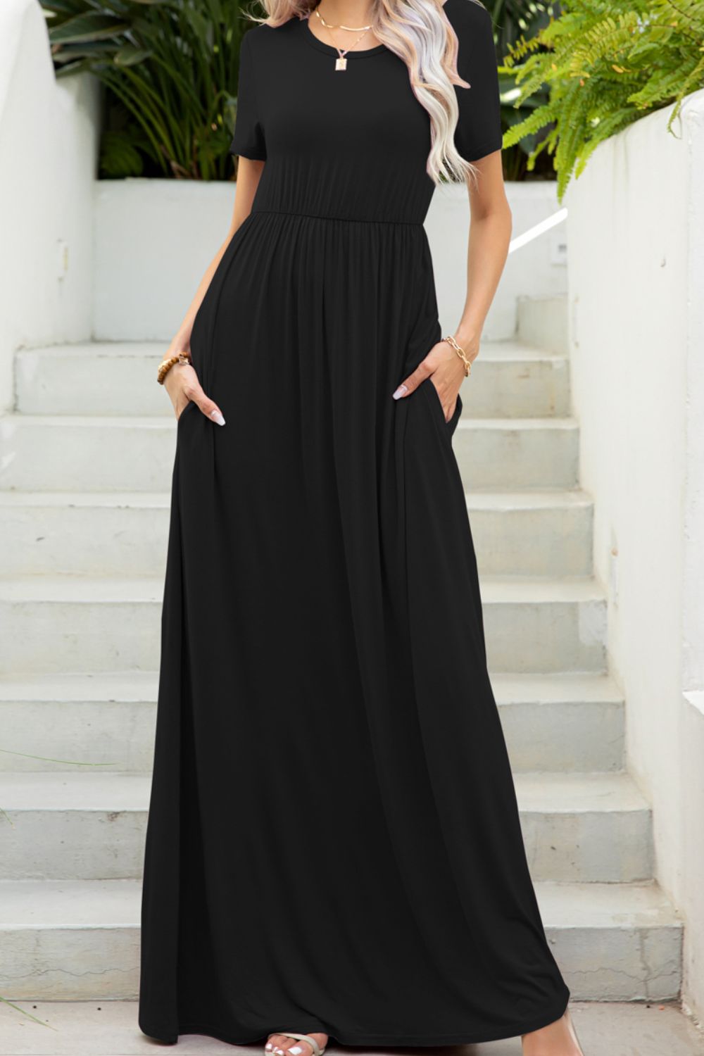 Round Neck Maxi Tee Dress with Pockets  Dresses- Doll Fits