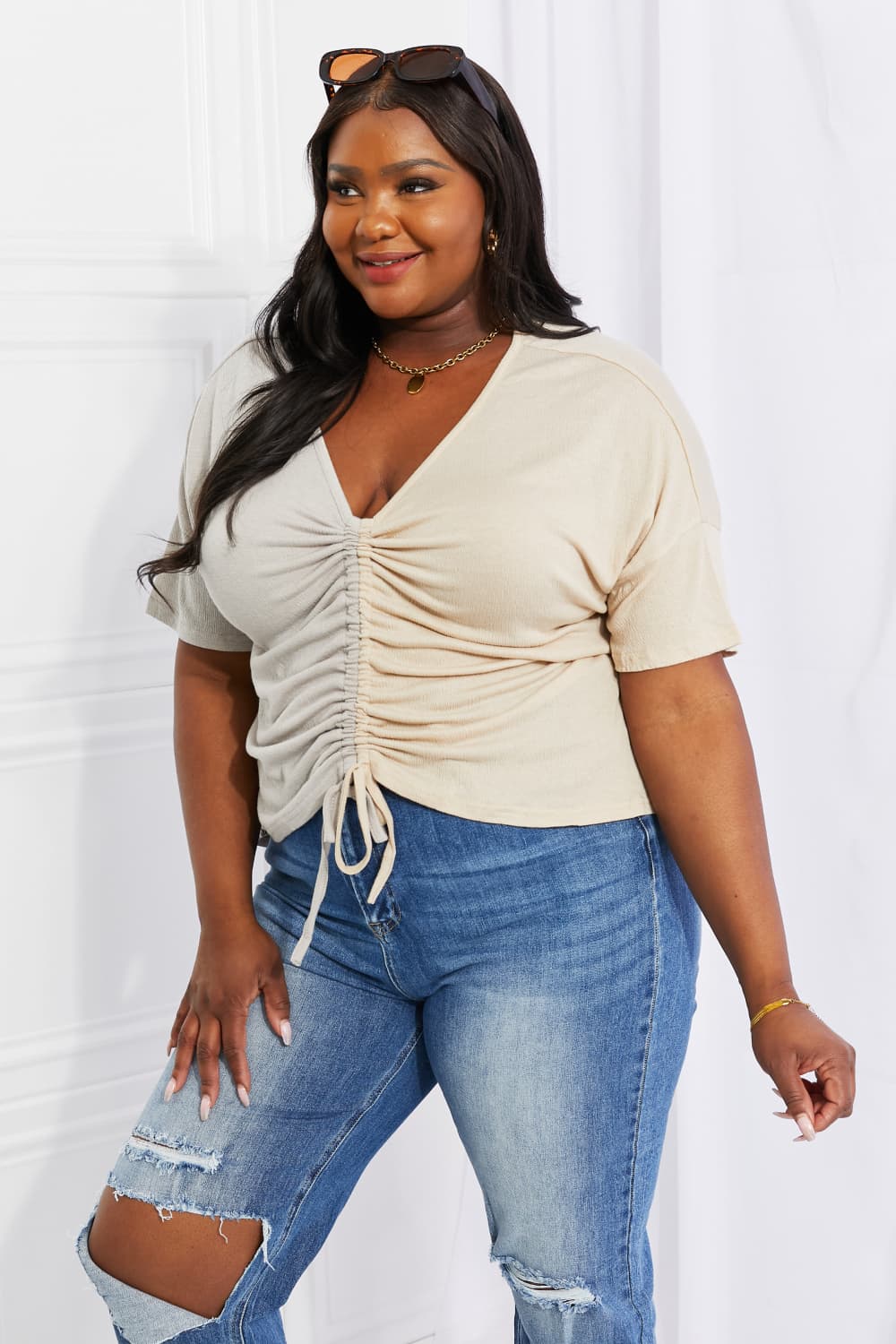 AMOLI Full Size Better Together Cinched Color Block Top  Shirts & Tops- Doll Fits