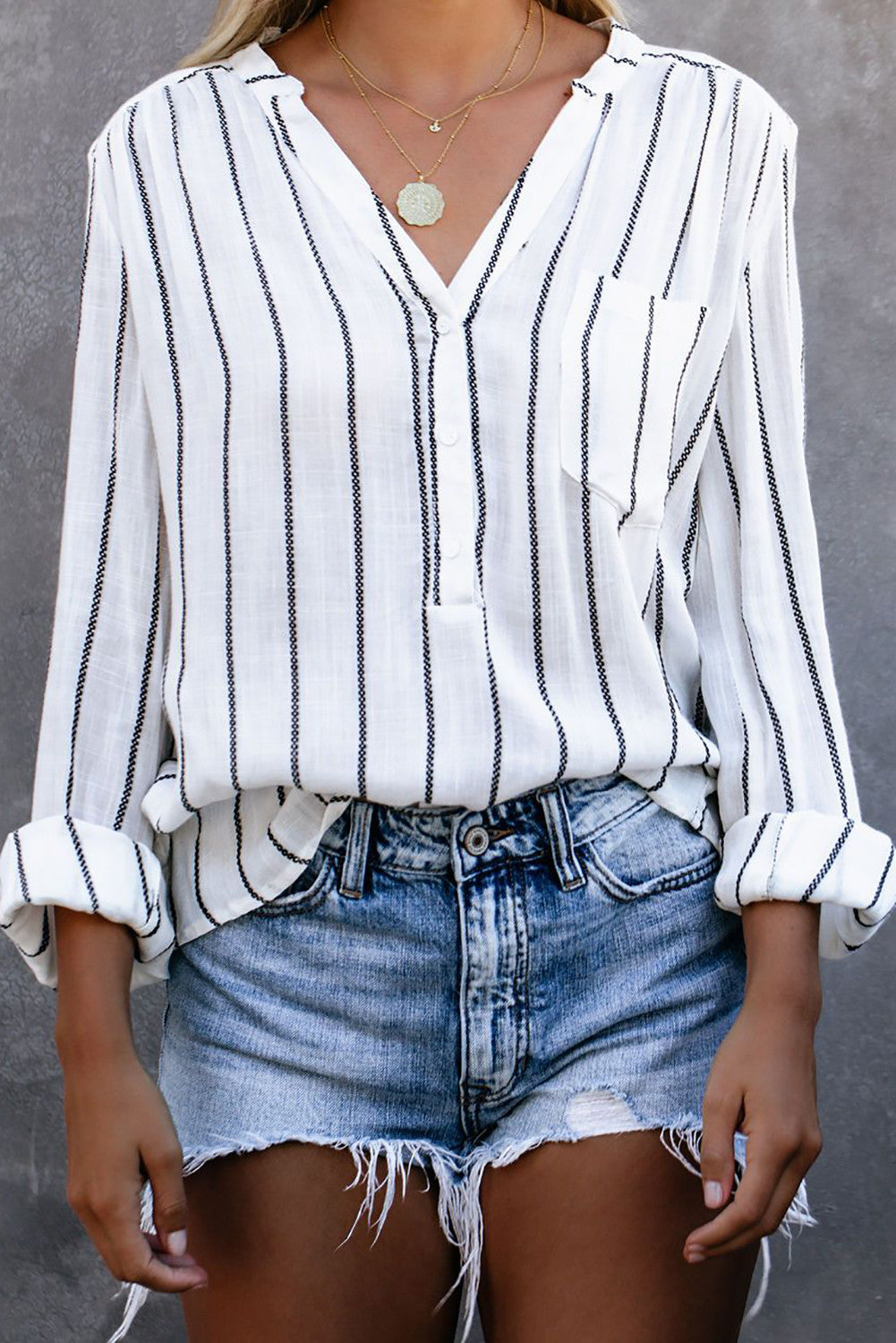 Striped V-Neck High-Low Shirt with Breast Pocket  Shirts & Tops- Doll Fits