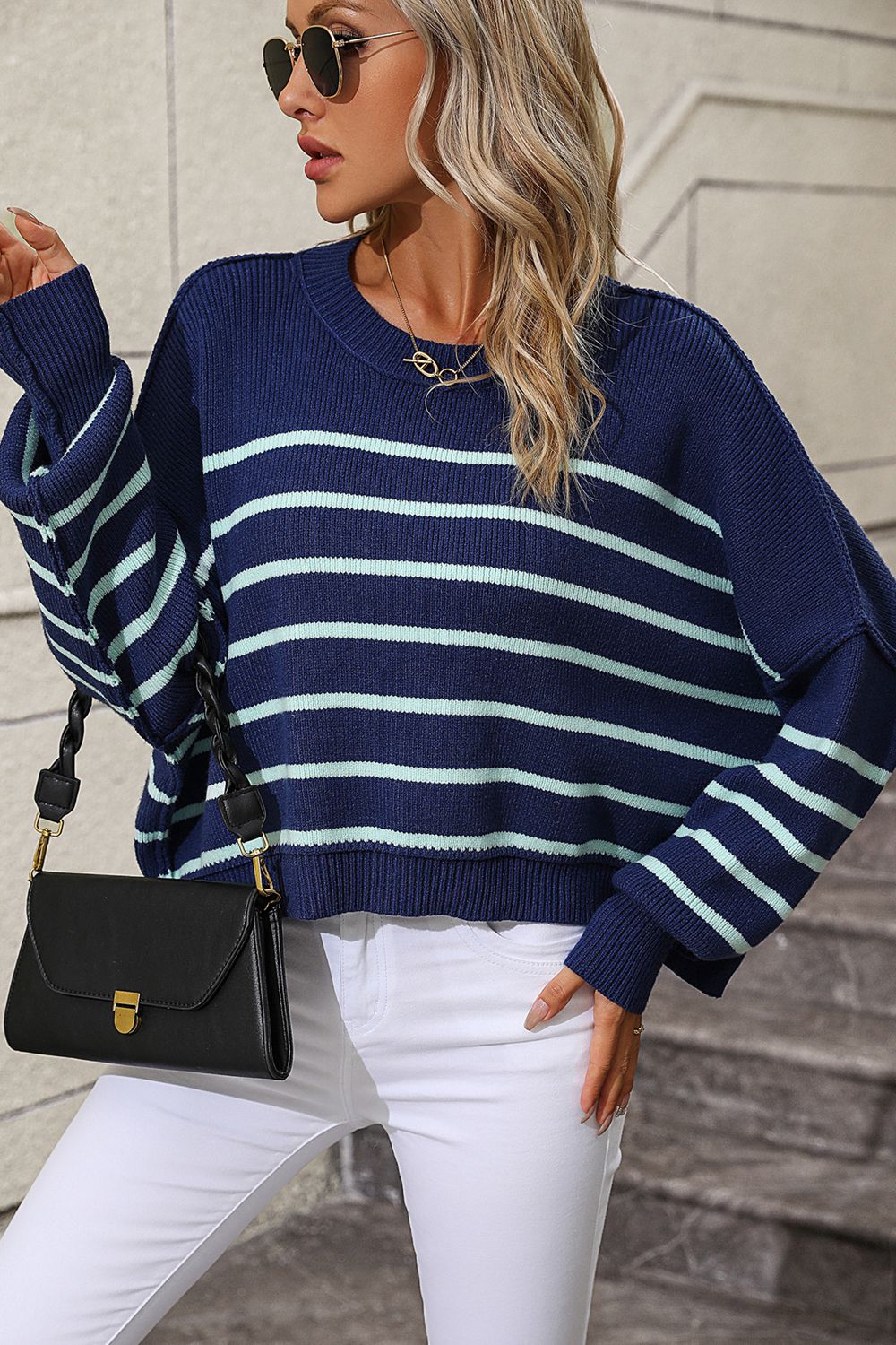 Striped Dropped Shoulder Round Neck Pullover Sweater  - Doll Fits