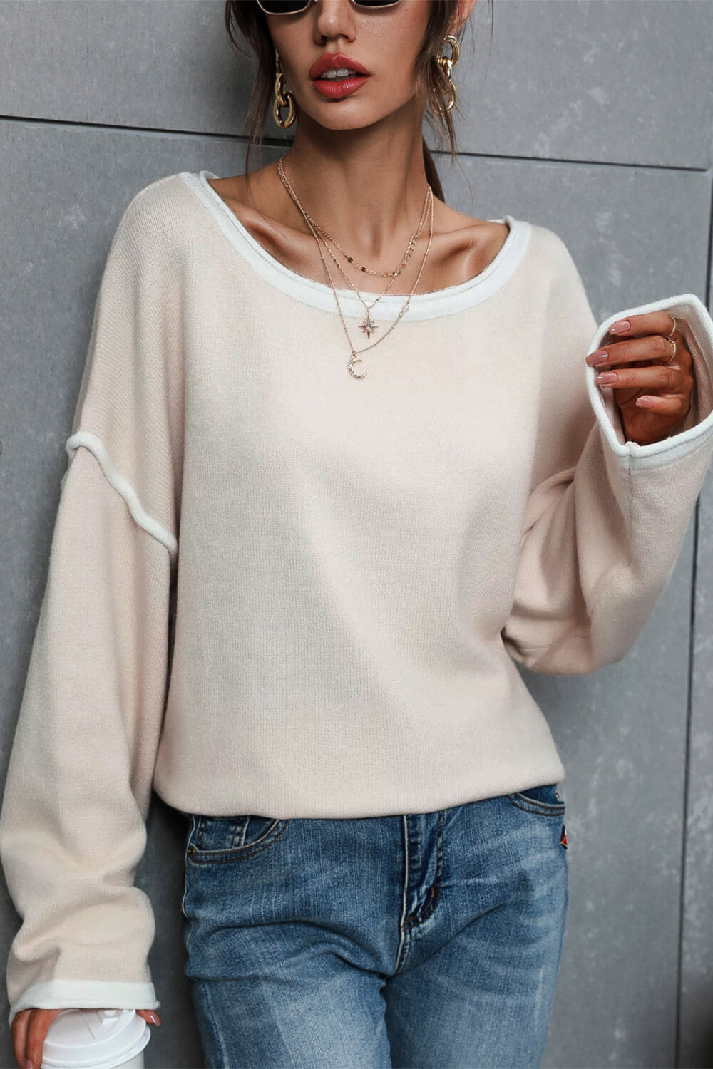 Contrast Detail Dropped Shoulder Knit Pullover  Shirts & Tops- Doll Fits
