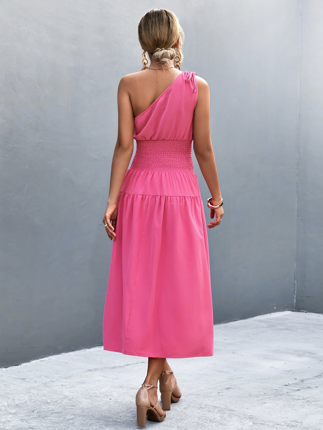 Asymmetrical One Shoulder Smocked Waist Midi Dress  Dresses- Doll Fits