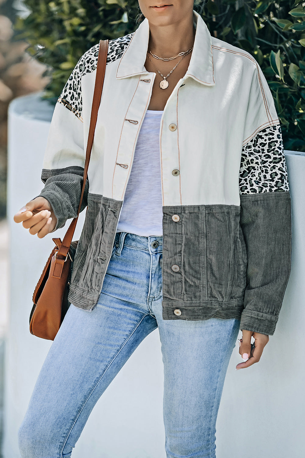 Leopard Color Block Button-Up Corduroy Shacket  - Doll Fits