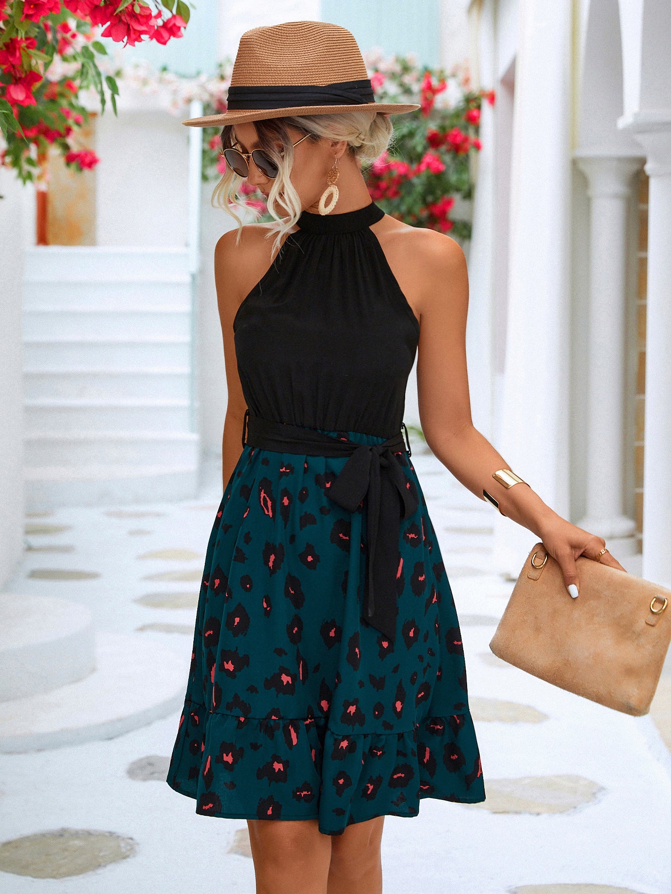 Two-Tone Belted Sleeveless Grecian Neck Dress  Dresses- Doll Fits