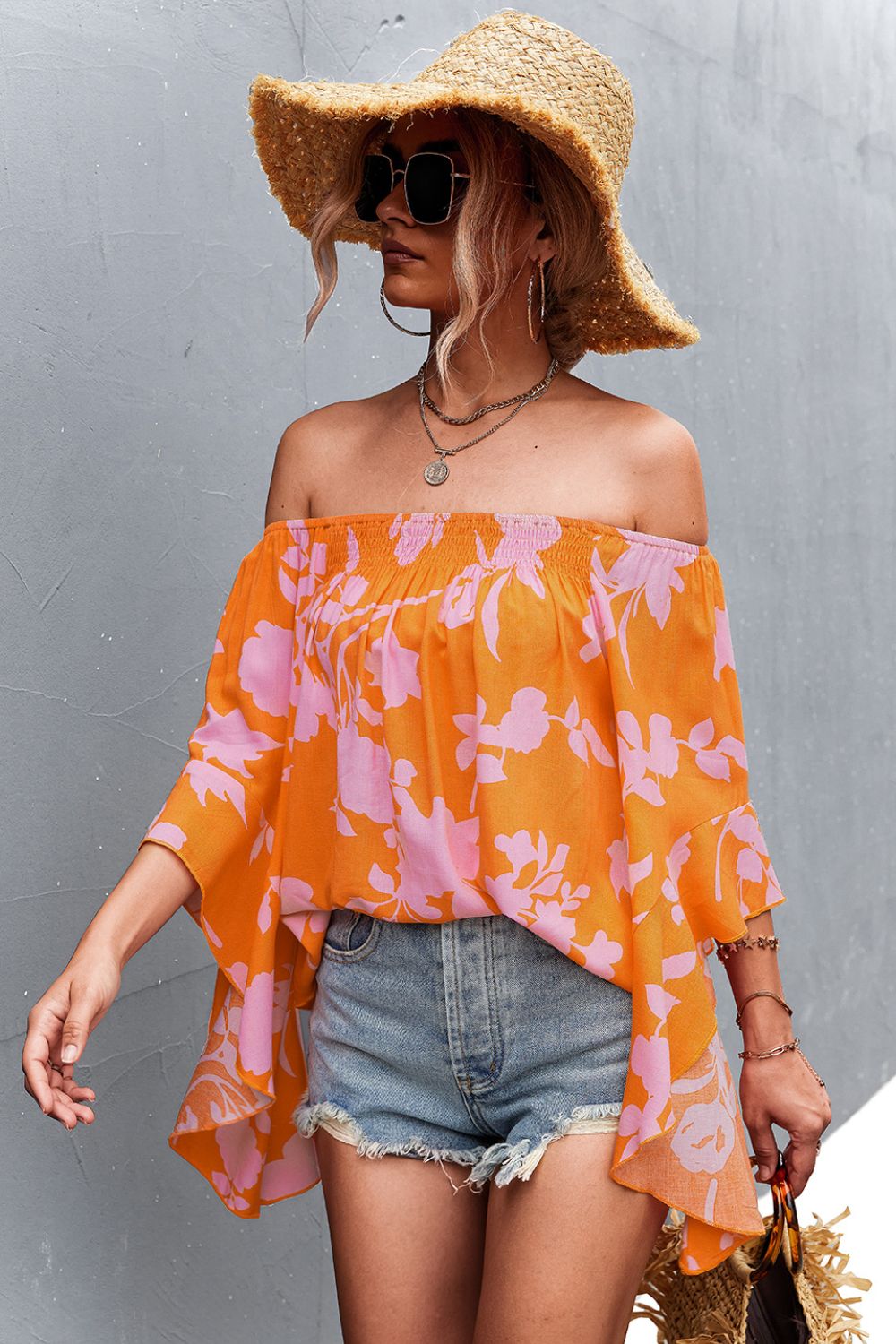 Floral Bell Sleeve Off-Shoulder Blouse  Shirts & Tops- Doll Fits