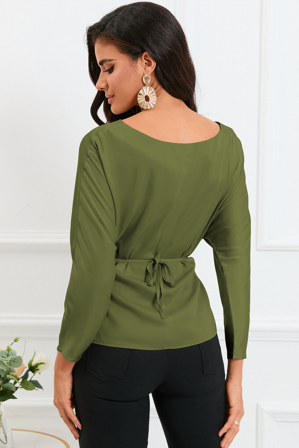 Boat Neck Back Tie Long Sleeve Satin Blouse  Shirts & Tops- Doll Fits